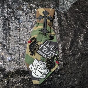 Camo Embroidered Tie with Rose & Cross Appliqués